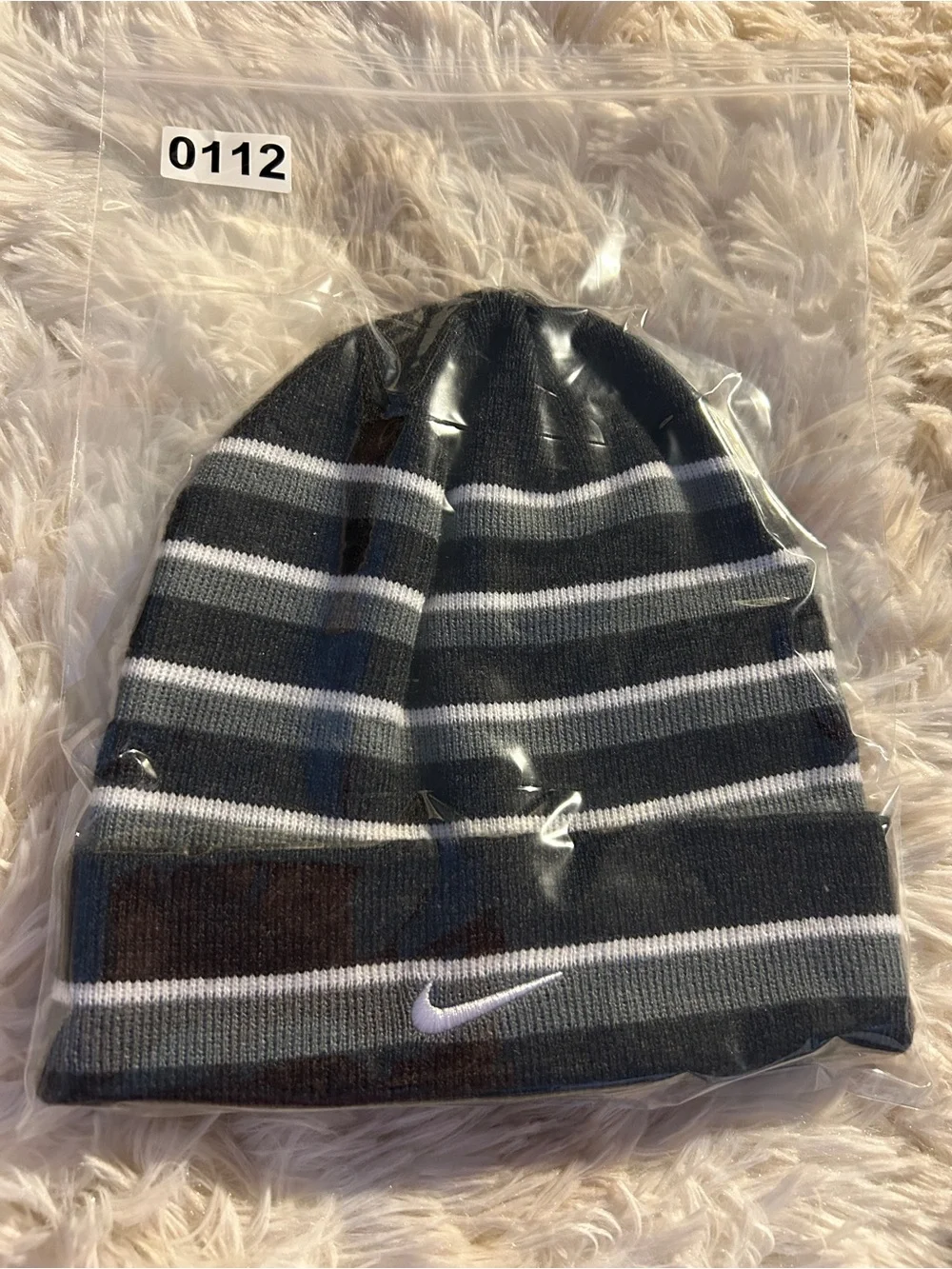 Nike Black, Dark Gray and White Striped Cuffed Beanie